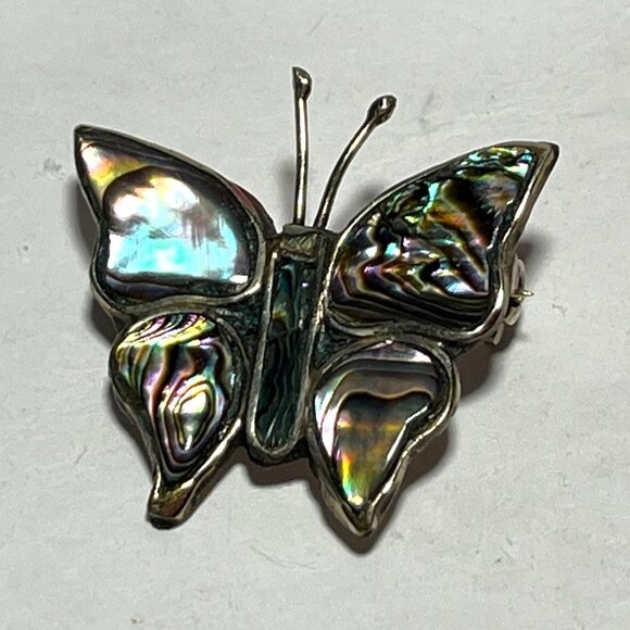 Vintage Abalone Butterfly Brooch Pin Silver Tone Handmade Mexico Marked - Picture 1 of 7